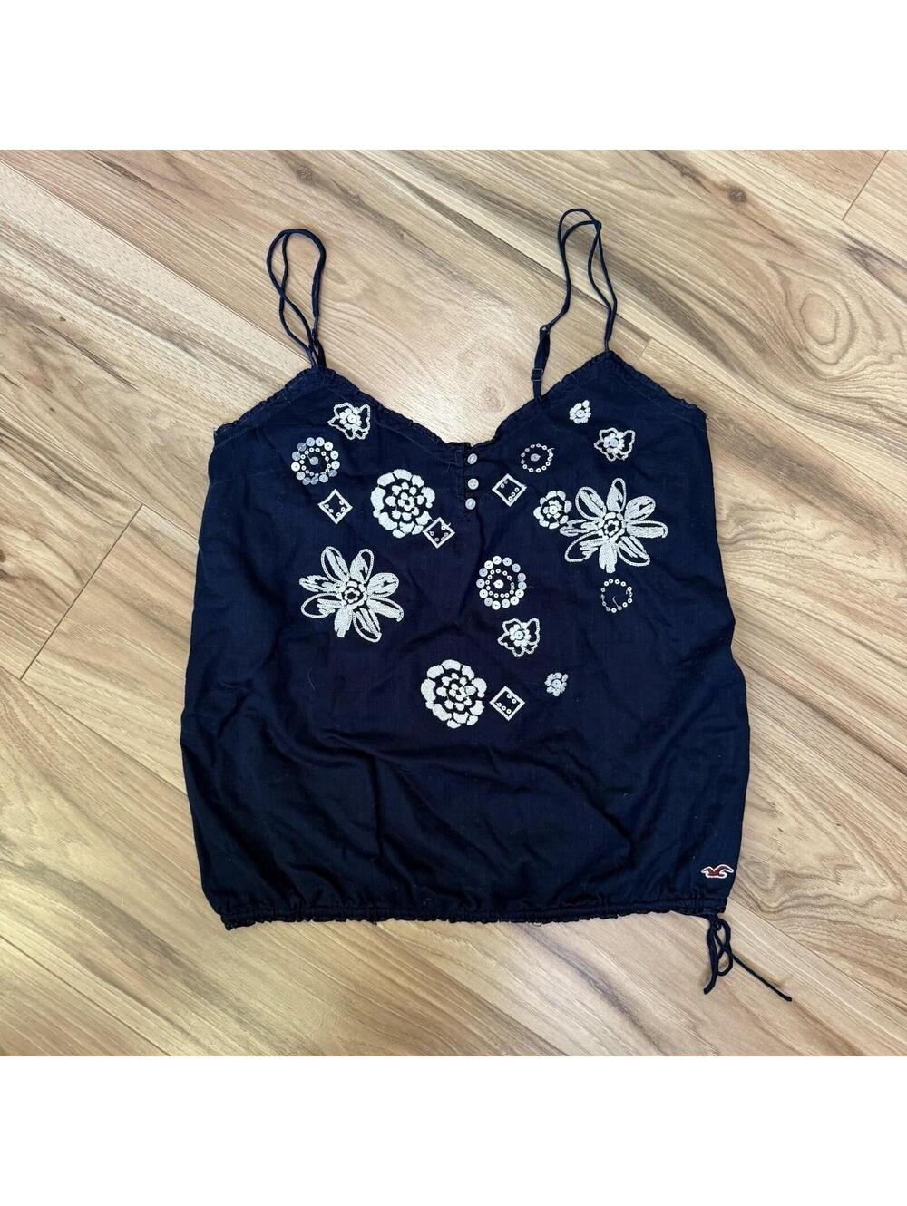 Hollister Navy Embroidered Sequin Cami Tank S Y2K Floral Babydoll Cotton